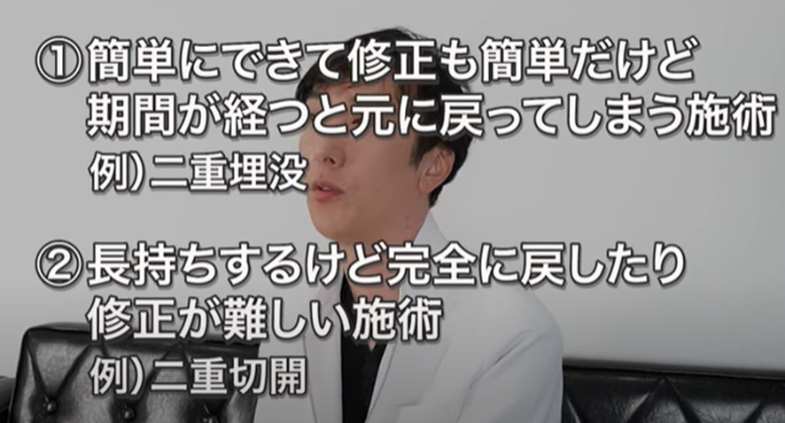 美容整形を大きく2つのカテゴリーに分類した
①簡単にできて修正が容易、元に戻せる術
②長持ちはするけど、修正が困難で元にも戻せない施術